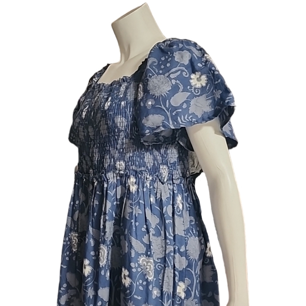 GRACE HOLIDAY Blue Chambray Floral Smocked Midi Dress L Tiered Boho Cottagecore - Picture 6 of 16